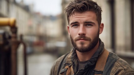 Obraz premium Portrait of a young man with a beard, serious expression, outdoors in a European city.