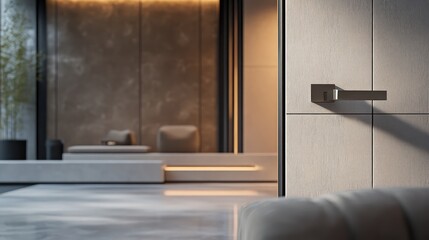 A sleek metal door handle in a modern home, elegantly set against a stylish, minimalist door for a refined look.