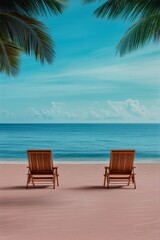 Fototapeta premium Serene Beach Scene with Two Wooden Chairs