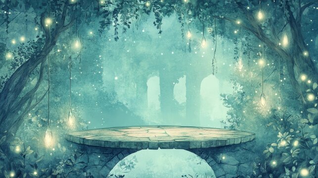 A serene, mystical forest scene featuring a glowing platform surrounded by ethereal lights and lush greenery, evoking a sense of enchantment and tranquility.