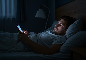 Man Using Smartphone In Bed At Night