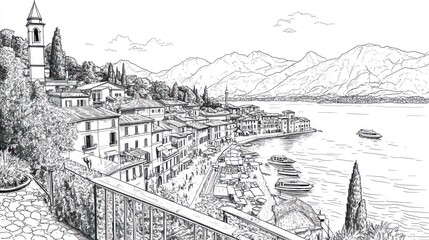 Lakeside Italian town, mountains, boats, scenic view, travel postcard