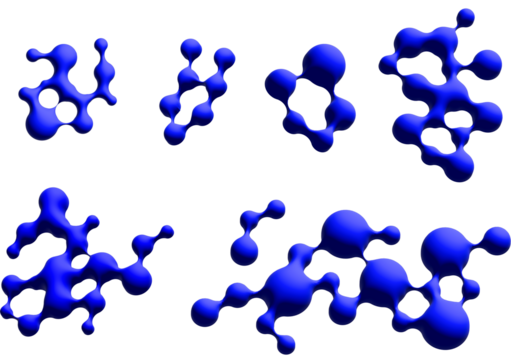 3D abstract liquid bubbles on blue background. Concept of future science: floating morphing spheres, molecular elements or nanoparticles.  png
