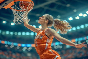 Female Basketball Player, Dunking the Ball into the Basket During a Game in the Stadium, Equality in Sports on Women's Day