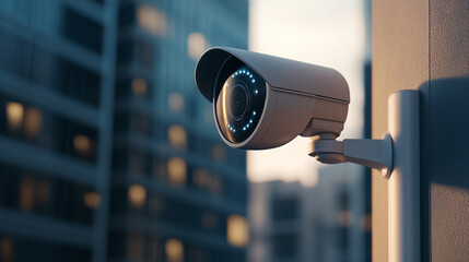 Modern security camera mounted on building, capturing urban scenery.