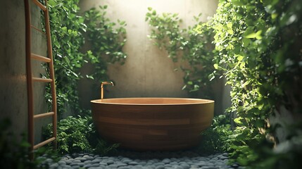 Sunlit wooden bathtub in a lush, green, indoor garden bathroom.