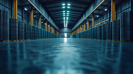 Shiny new stacked steel round bars in organized rows within a spacious warehouse, reflecting bright lighting, showcasing metallic textures and modern tones, with an empty caption space on the side.

