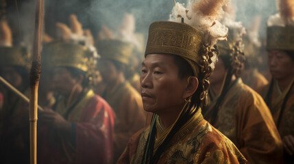 Cap Go Meh Festival (Tatung Parade) in Singkawang, Indonesia on February 12, 2025, a serene moment featuring a young Tatung meditating amidst incense smoke, his traditional costume rich in symbolism a