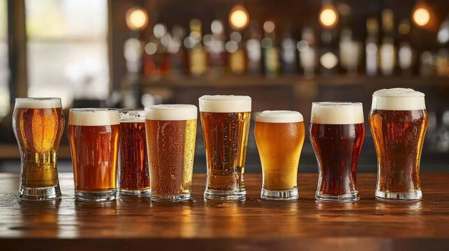 Variety of beers on bar counter, pub atmosphere