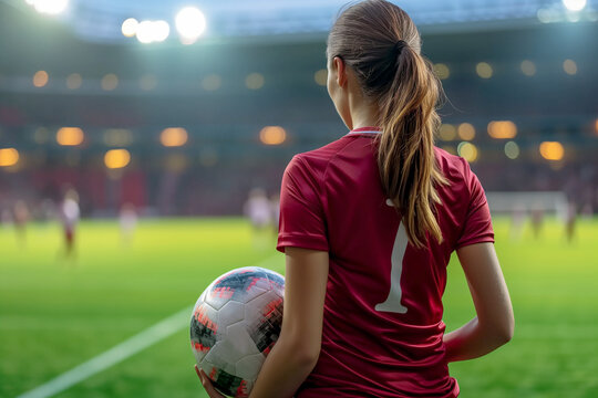 Female Soccer Player, Ball Kick in a Football Match at a Grass Stadium, Number One in Sports Equality on Women's Day