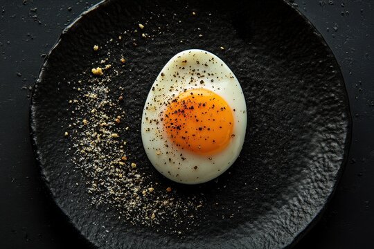 Perfectly cooked half boiled egg presented on a dark plate