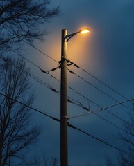 A streetlamp glowing warmly during twilight, with silhouetted trees and power lines against the evening sky, evoking a serene urban scene

