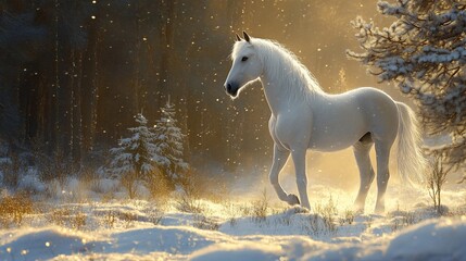 Majestic white horse in snowy winter forest