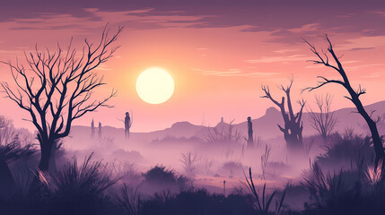 Naklejka premium Safari with haunted landscapes and ghostly apparitions. Phantom Landscapes. Illustration