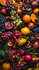 A colorful array of exotic fruits fills the view, featuring mangoes, oranges, pomegranates, and various berries. The lively colors and textures create an appealing feast for the eyes