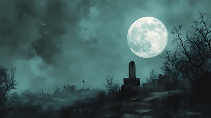 The moon casting eerie shadows over haunted landscapes or spooky settings with space for text. Phantom Landscapes. Illustration