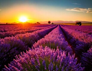Lavender Field at Golden Hour &ndash; Purple tones blending with warm sunset hues with copy space