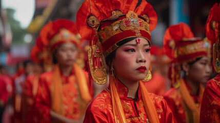 Fototapeta premium Cap Go Meh Festival (Tatung Parade), a vibrant parade featuring Tatung participants in elaborate costumes performing daring spiritual feats