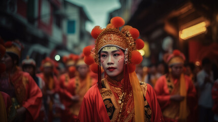 Fototapeta premium Cap Go Meh Festival (Tatung Parade), a vibrant parade featuring Tatung participants in elaborate costumes performing daring spiritual feats