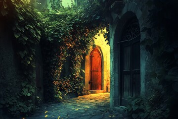 Fototapeta premium Mysterious, ivy-covered alleyway with glowing orange door at night.