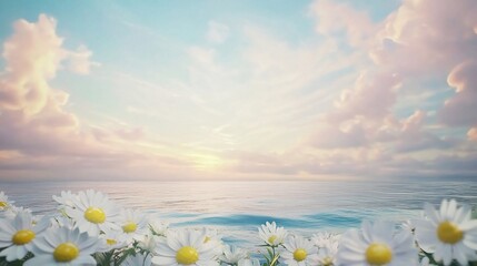 Serene seascape at sunrise, featuring white daisies in the foreground, under a pastel sky.