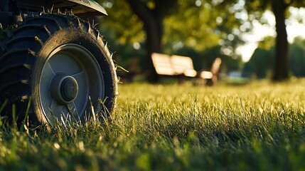 Close-up of a large tire on a vehicle in a grassy park with benches in the background at sunset.