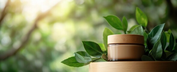 Natural cream jar with wooden lid surrounded by green leaves.