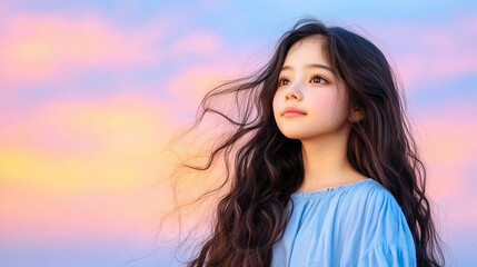 Fototapeta premium Young girl with long hair gazing at sunset in a serene outdoor setting during twilight hours generated AI