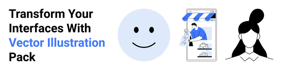 Fototapeta premium happy face, online store interface with designer sketching, and user profile avatar. Ideal for web design, e-commerce, branding, marketing, UIUX, education presentations flat landing page banner