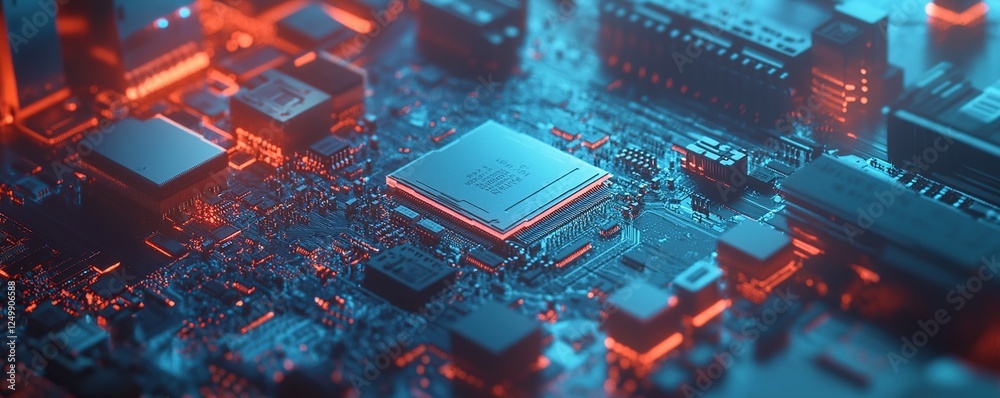 Poster exploring the intricate circuits: a detailed look at microchip technology and its components, illumi