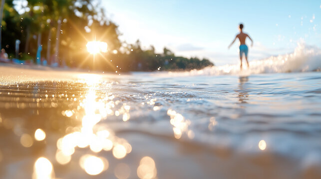 Child plays joyfully in shallow ocean water at sunset on a warm summer evening on the beach generated  AI