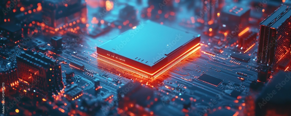 Poster exploring advanced microchip technology: circuits, processing power, and innovation in modern comput