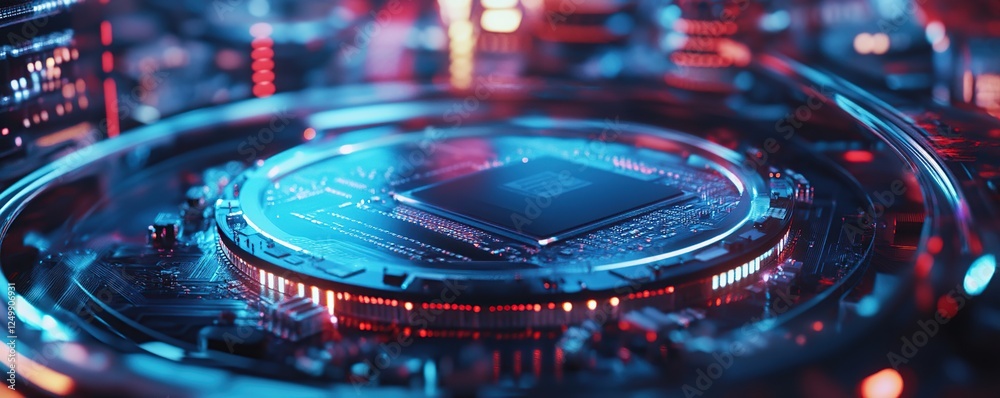 Poster exploring the microchip: advanced processor technology unveiled with stunning visuals, illuminating 