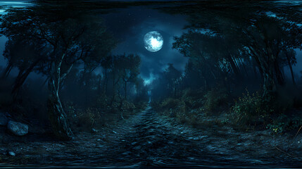 Fototapeta premium degree, dark forest path illuminated by the moon, with ghostly apparitions floating. hdri spherical panorama. Phantom Landscapes. Illustration