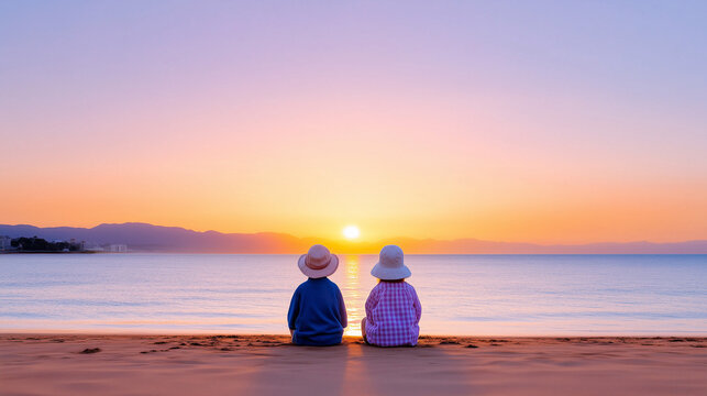 Two friends enjoying a serene sunset on a beach while facing the calm ocean and colorful sky in the evening light generated  AI