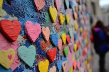 Fototapeta premium Colorful heart decorations on a vibrant urban wall