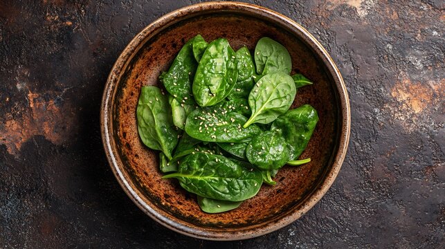 Top down view of Japanese horenso goma ae spinach dressed sesame paste served in a rustic ceramic dish