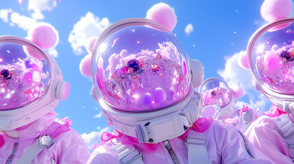 Colorful astronauts in pink suits explore a vibrant landscape under a bright blue sky filled with fluffy clouds and sparkling light generated  AI