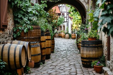 Naklejka premium Wooden Barrels Line Cobblestone Lane with Lush Greenery, creating a Picturesque European Village Scene