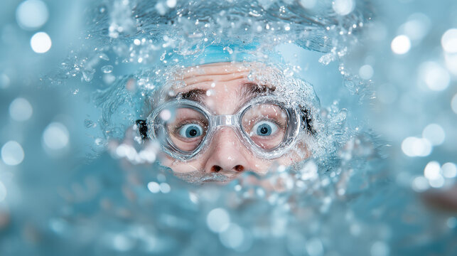 Swimmer submerged in water with surprised expression during a training session at a swimming pool in the afternoon generated  AI