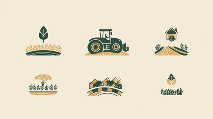 A set of agriculture-themed logos featuring a detailed tractor in motion, surrounded by lush fields and crop rows.