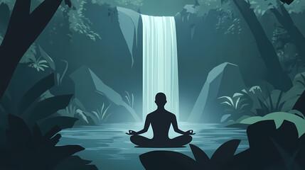 A spectral figure with a serene expression, meditating near the forest waterfall. Phantom Landscapes. Illustration
