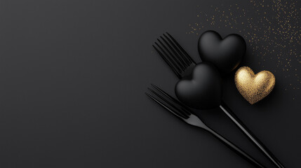 Elegant black and gold heart decorations with forks on a dark background for a stylish celebration generated  AI Valentine's Day, February 14