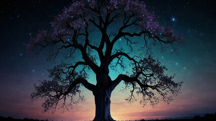 Silhouette of majestic tree against starry night sky and colorful sunset gradient