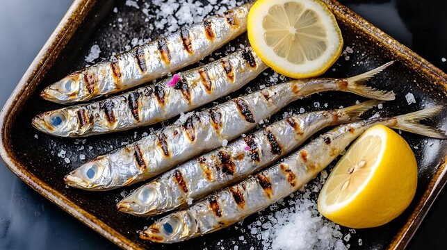 Top down view of Japanese iwashi no shioyaki grilled sardines seasoned salt served with a wedge of lemon and grated radish