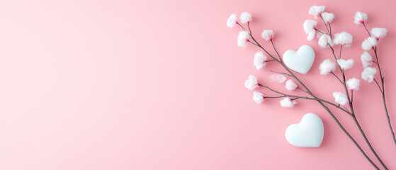 Fototapeta premium Soft cotton branches with white hearts on a pastel pink background for romantic decoration and celebration generated AI