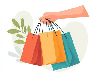 Hand holding colorful shopping bags illustration against a clean white backdrop