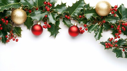 Festive holly sprigs with red and gold ornaments on white background.