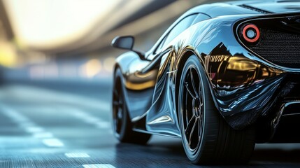 Sleek black sports car speeding down a highway, reflecting the city lights.