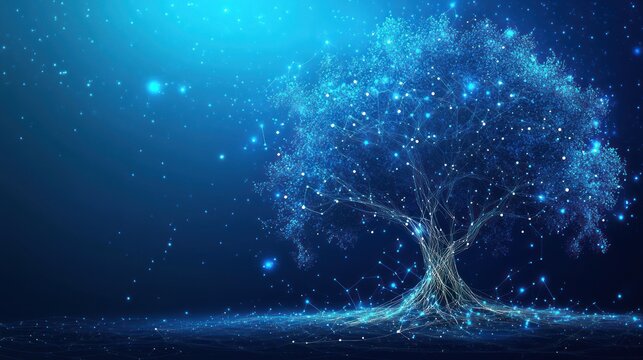 Glowing digital tree, night scene, data network, technology concept